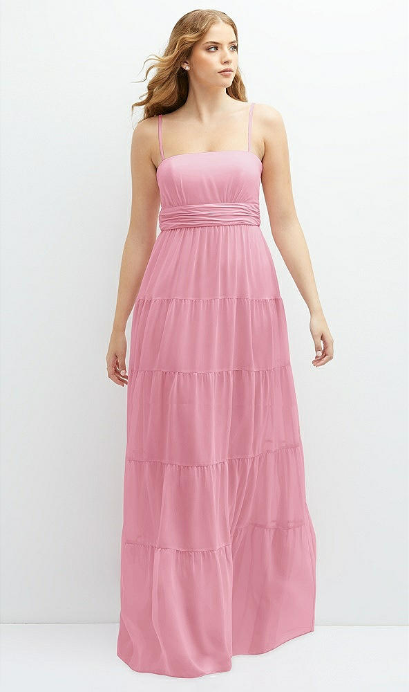 Front View - Peony Pink Modern Regency Chiffon Tiered Maxi Dress with Tie-Back
