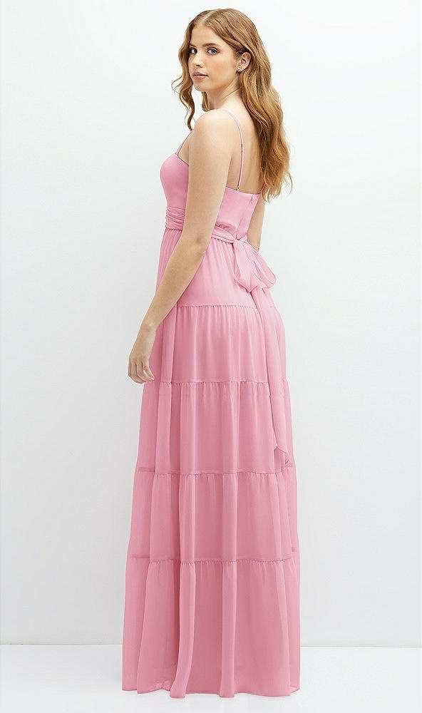 Back View - Peony Pink Modern Regency Chiffon Tiered Maxi Dress with Tie-Back