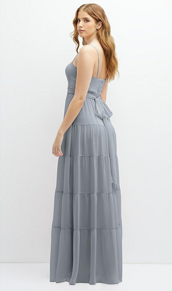 Back View - Platinum Modern Regency Chiffon Tiered Maxi Dress with Tie-Back