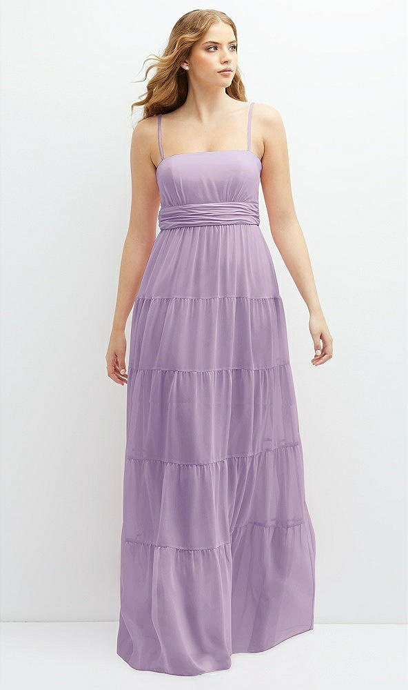 Front View - Pale Purple Modern Regency Chiffon Tiered Maxi Dress with Tie-Back