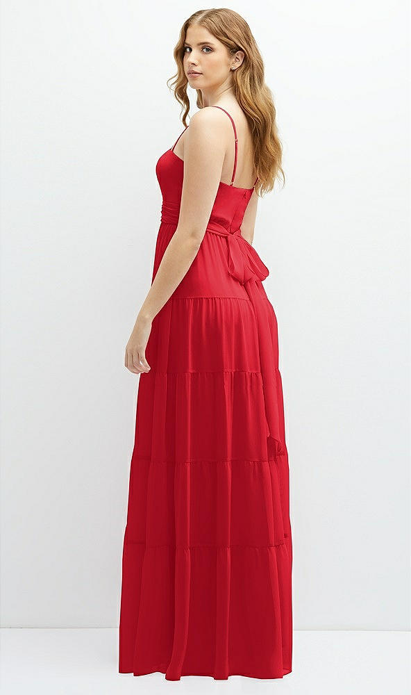 Back View - Parisian Red Modern Regency Chiffon Tiered Maxi Dress with Tie-Back