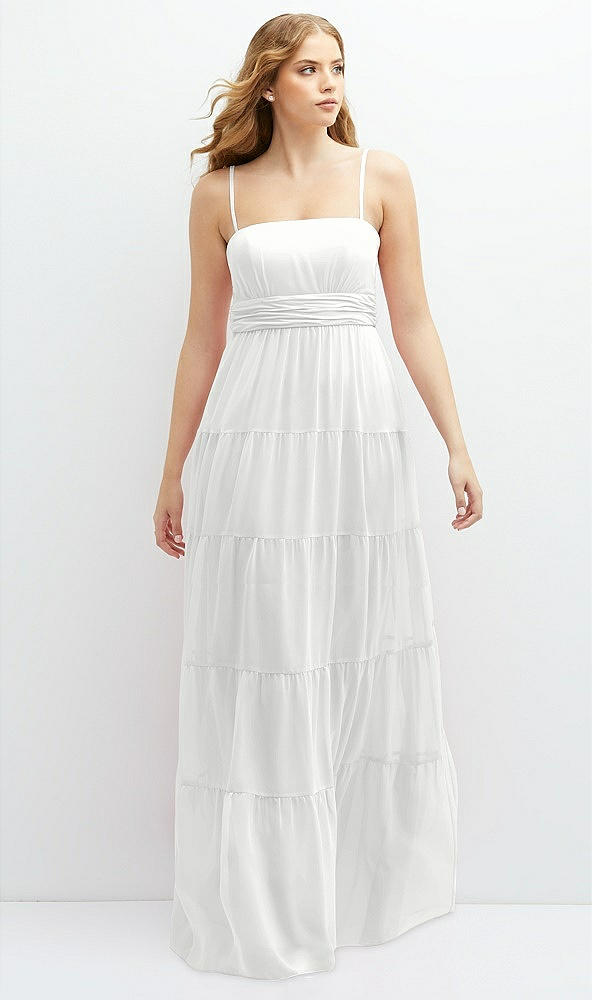 Front View - White Modern Regency Chiffon Tiered Maxi Dress with Tie-Back
