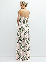 Rear View Thumbnail - Palm Beach Print Strapless Vertical Ruffle Chiffon Maxi Dress with Flower Detail