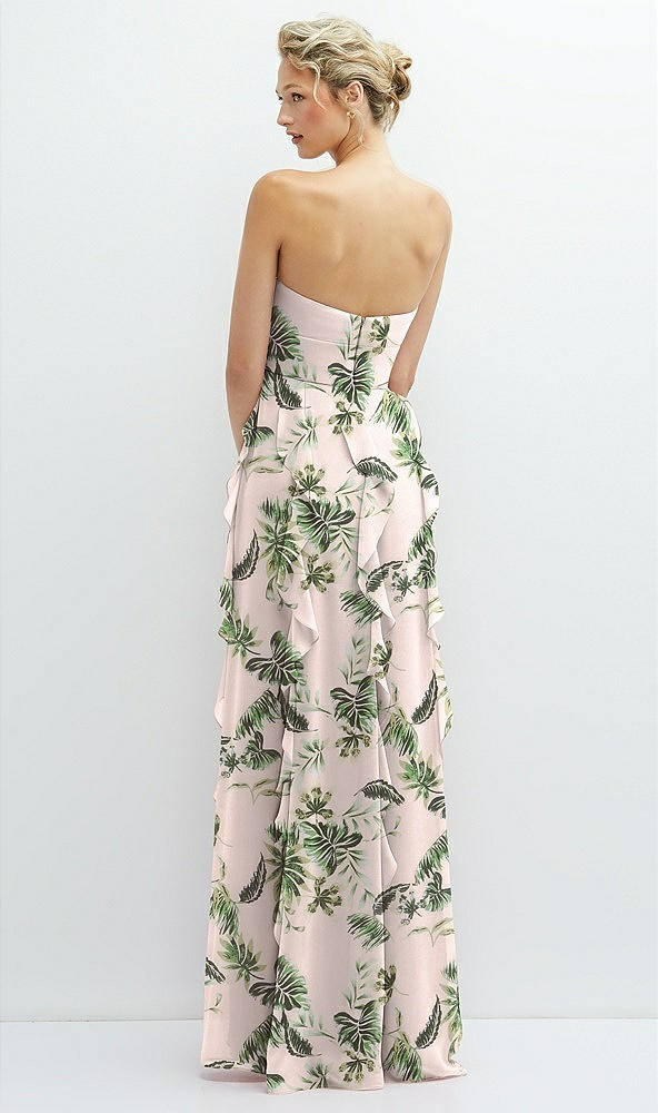 Back View - Palm Beach Print Strapless Vertical Ruffle Chiffon Maxi Dress with Flower Detail
