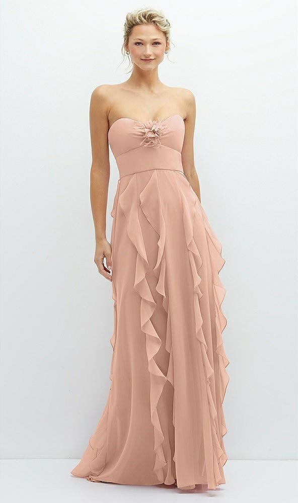Front View - Pale Peach Strapless Vertical Ruffle Chiffon Maxi Dress with Flower Detail