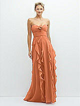 Front View Thumbnail - Sweet Melon Strapless Vertical Ruffle Chiffon Maxi Dress with Flower Detail