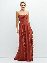 Front View Thumbnail - Amber Sunset Strapless Vertical Ruffle Chiffon Maxi Dress with Flower Detail
