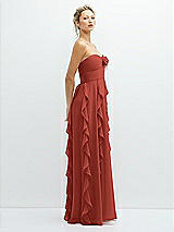 Side View Thumbnail - Amber Sunset Strapless Vertical Ruffle Chiffon Maxi Dress with Flower Detail