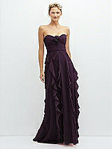 Front View Thumbnail - Aubergine Strapless Vertical Ruffle Chiffon Maxi Dress with Flower Detail