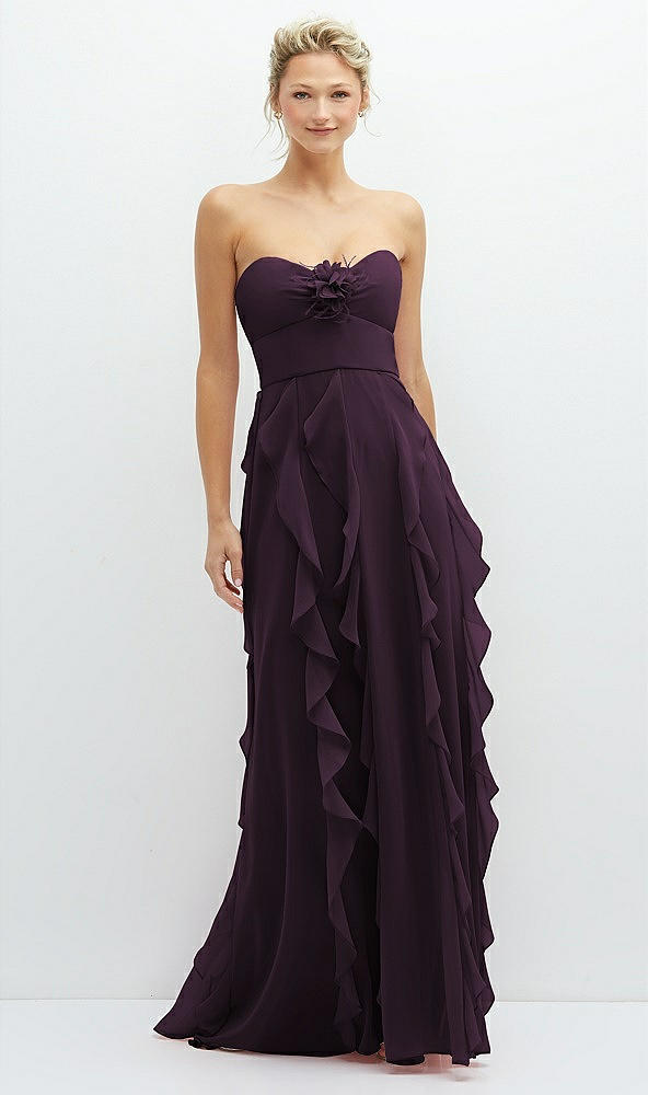 Front View - Aubergine Strapless Vertical Ruffle Chiffon Maxi Dress with Flower Detail