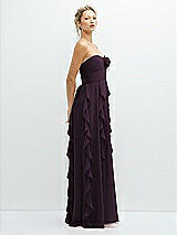 Side View Thumbnail - Aubergine Strapless Vertical Ruffle Chiffon Maxi Dress with Flower Detail