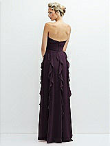 Rear View Thumbnail - Aubergine Strapless Vertical Ruffle Chiffon Maxi Dress with Flower Detail