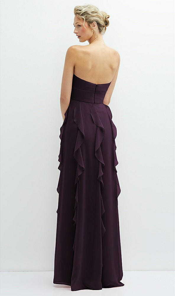 Back View - Aubergine Strapless Vertical Ruffle Chiffon Maxi Dress with Flower Detail