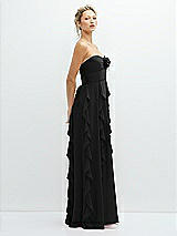 Side View Thumbnail - Black Strapless Vertical Ruffle Chiffon Maxi Dress with Flower Detail