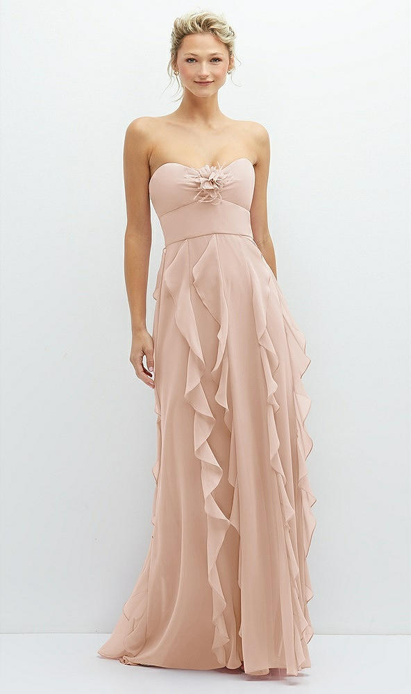 Front View - Cameo Strapless Vertical Ruffle Chiffon Maxi Dress with Flower Detail