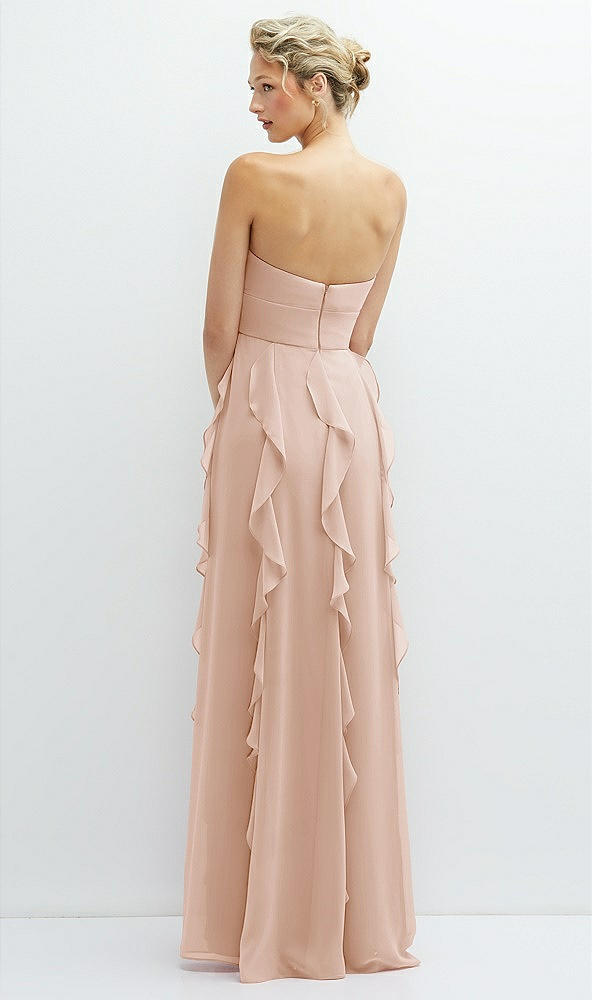 Back View - Cameo Strapless Vertical Ruffle Chiffon Maxi Dress with Flower Detail