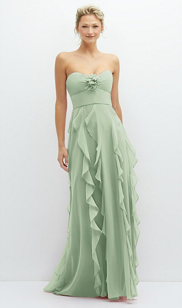 Front View - Celadon Strapless Vertical Ruffle Chiffon Maxi Dress with Flower Detail