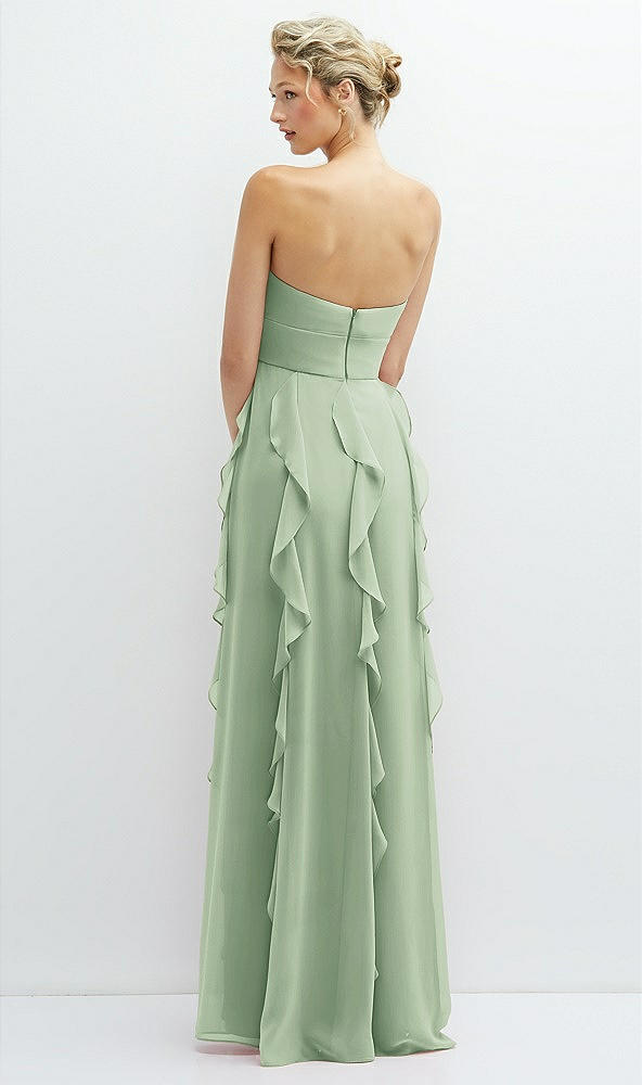 Back View - Celadon Strapless Vertical Ruffle Chiffon Maxi Dress with Flower Detail