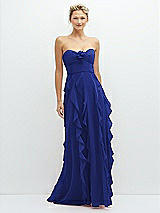 Front View Thumbnail - Cobalt Blue Strapless Vertical Ruffle Chiffon Maxi Dress with Flower Detail