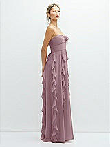 Side View Thumbnail - Dusty Rose Strapless Vertical Ruffle Chiffon Maxi Dress with Flower Detail