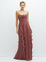 Front View Thumbnail - English Rose Strapless Vertical Ruffle Chiffon Maxi Dress with Flower Detail