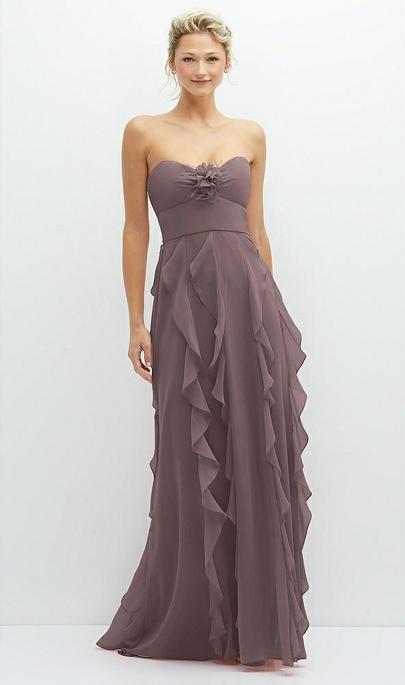 Front View - French Truffle Strapless Vertical Ruffle Chiffon Maxi Dress with Flower Detail