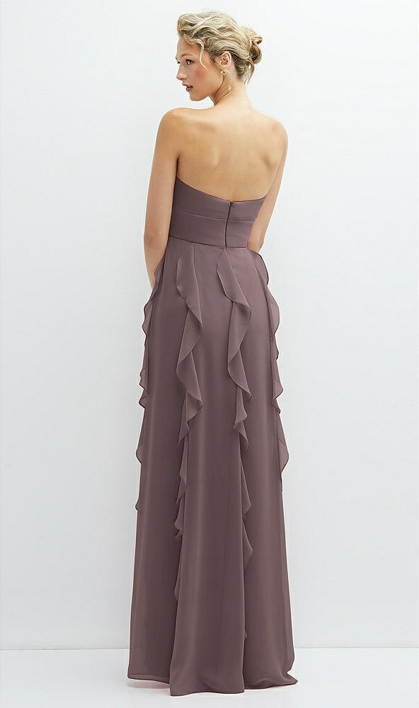 Back View - French Truffle Strapless Vertical Ruffle Chiffon Maxi Dress with Flower Detail