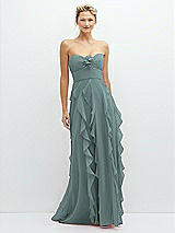 Front View Thumbnail - Icelandic Strapless Vertical Ruffle Chiffon Maxi Dress with Flower Detail