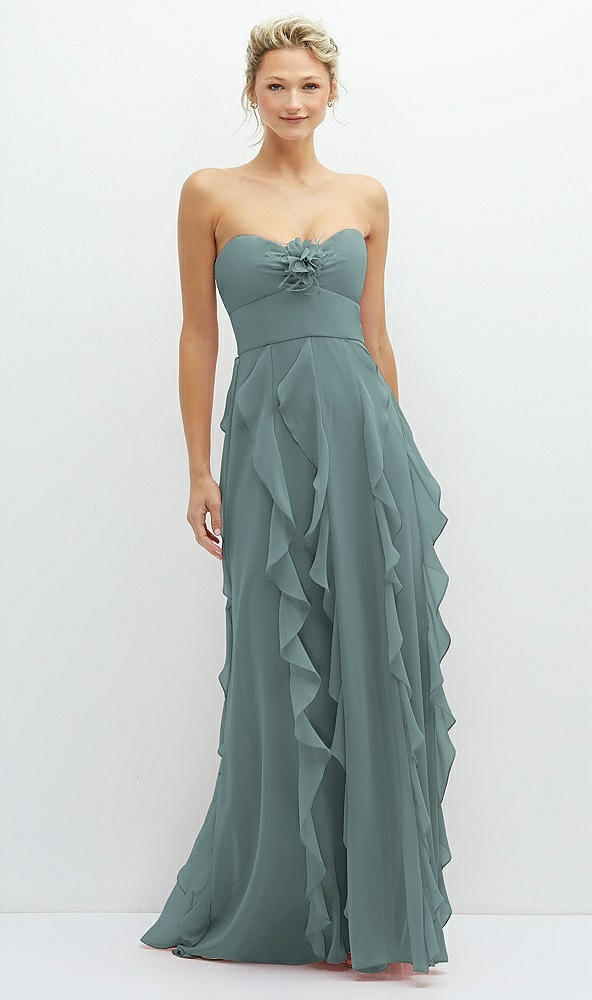 Front View - Icelandic Strapless Vertical Ruffle Chiffon Maxi Dress with Flower Detail