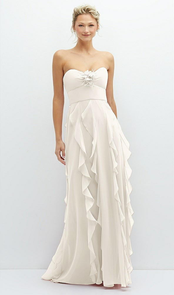 Front View - Ivory Strapless Vertical Ruffle Chiffon Maxi Dress with Flower Detail