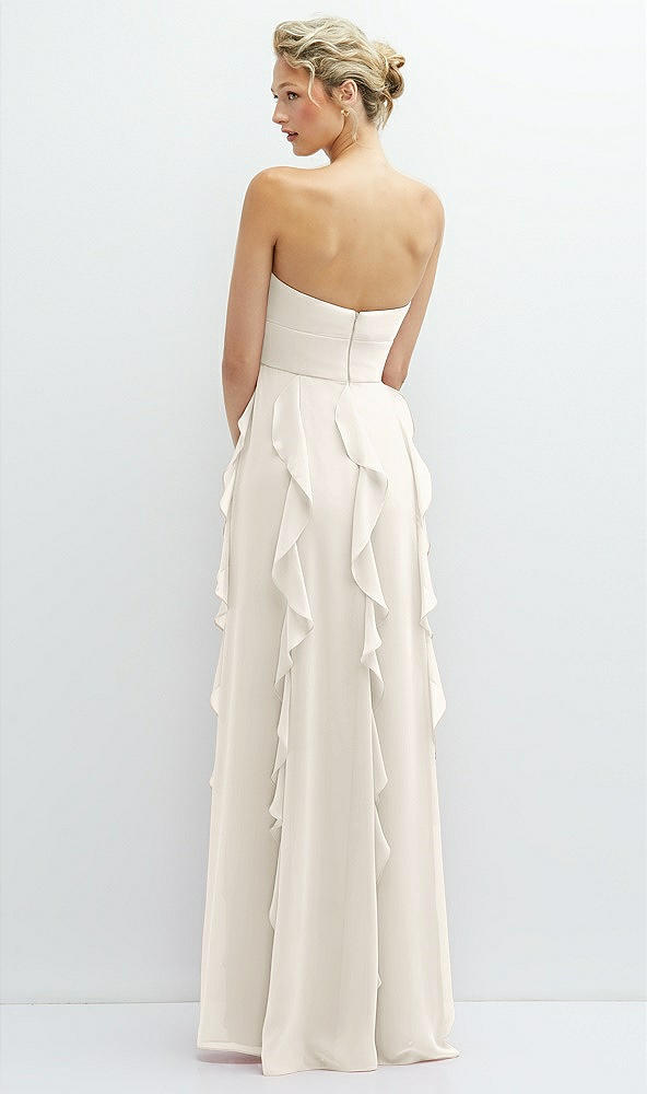 Back View - Ivory Strapless Vertical Ruffle Chiffon Maxi Dress with Flower Detail