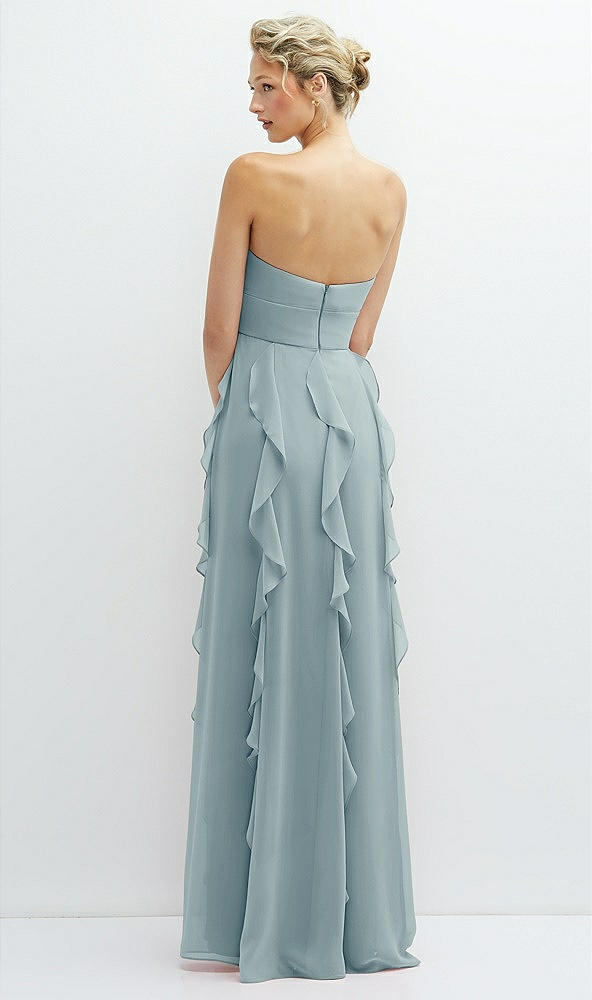 Back View - Morning Sky Strapless Vertical Ruffle Chiffon Maxi Dress with Flower Detail