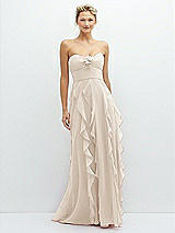 Front View Thumbnail - Oat Strapless Vertical Ruffle Chiffon Maxi Dress with Flower Detail