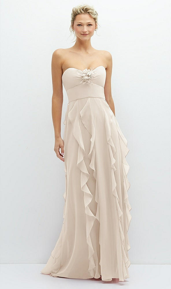 Front View - Oat Strapless Vertical Ruffle Chiffon Maxi Dress with Flower Detail
