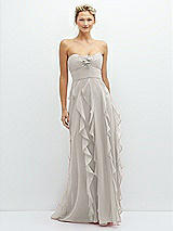 Front View Thumbnail - Oyster Strapless Vertical Ruffle Chiffon Maxi Dress with Flower Detail