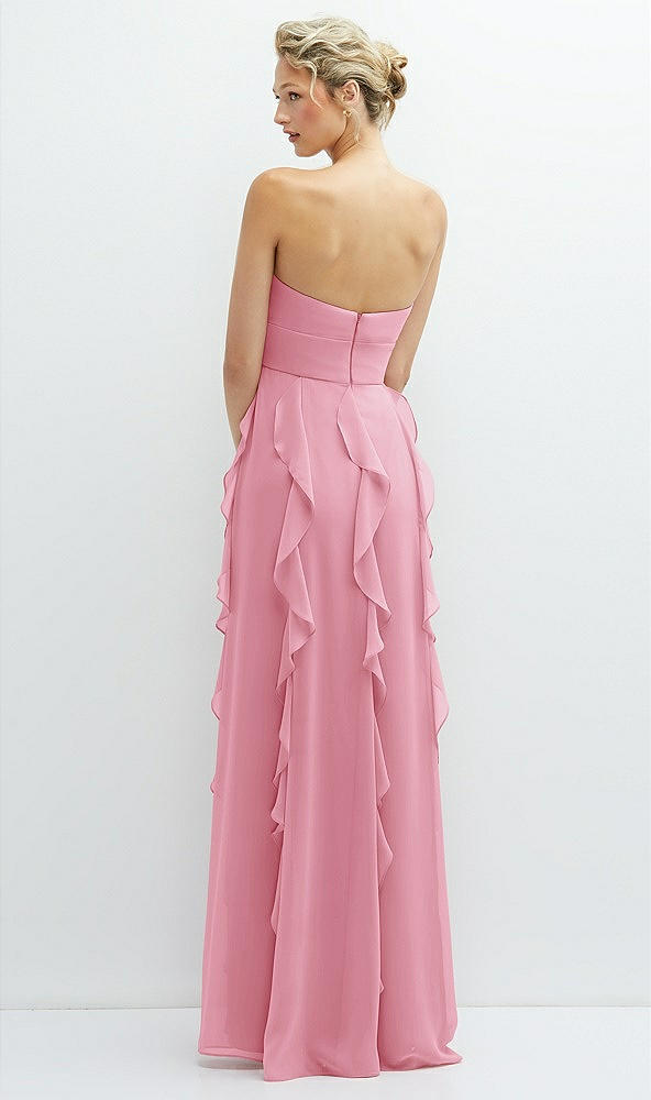 Back View - Peony Pink Strapless Vertical Ruffle Chiffon Maxi Dress with Flower Detail