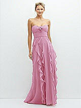 Front View Thumbnail - Powder Pink Strapless Vertical Ruffle Chiffon Maxi Dress with Flower Detail