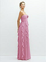 Side View Thumbnail - Powder Pink Strapless Vertical Ruffle Chiffon Maxi Dress with Flower Detail