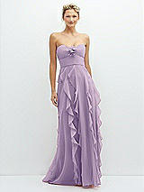 Front View Thumbnail - Pale Purple Strapless Vertical Ruffle Chiffon Maxi Dress with Flower Detail