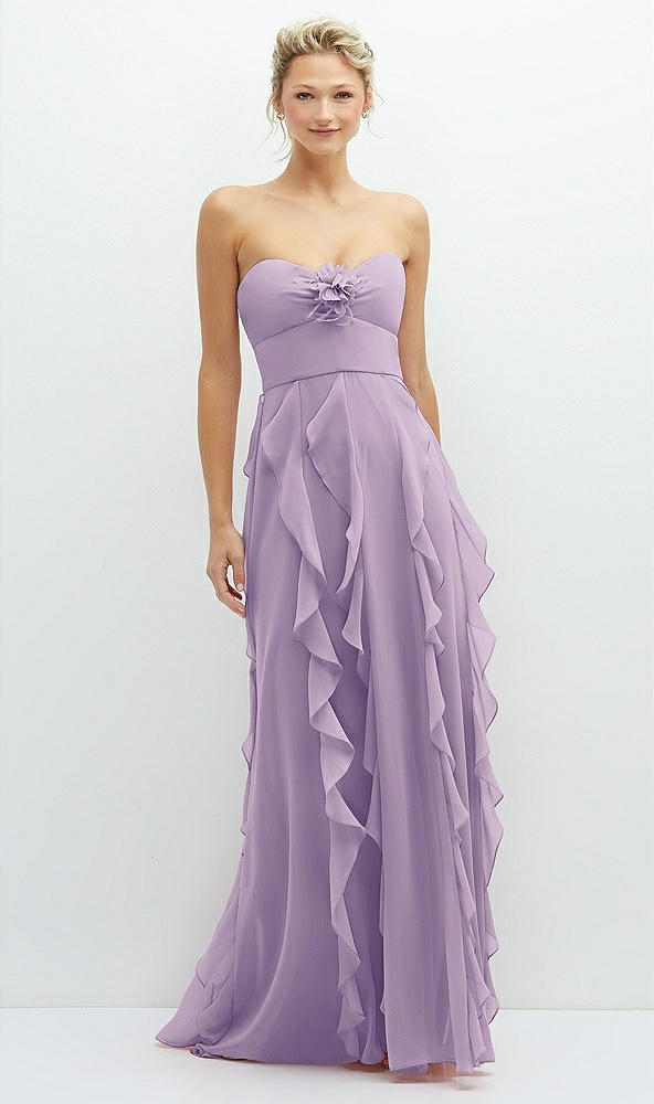 Front View - Pale Purple Strapless Vertical Ruffle Chiffon Maxi Dress with Flower Detail