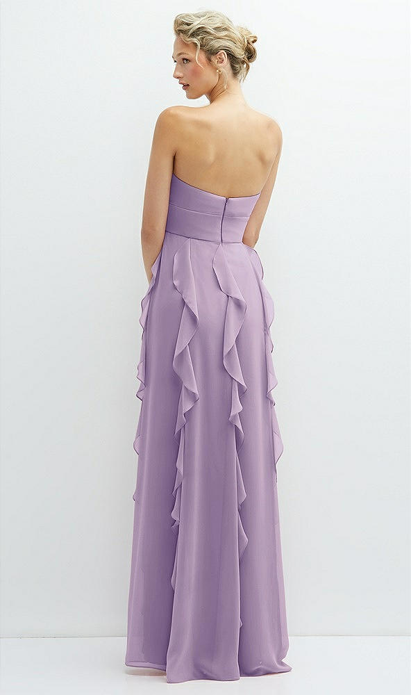 Back View - Pale Purple Strapless Vertical Ruffle Chiffon Maxi Dress with Flower Detail