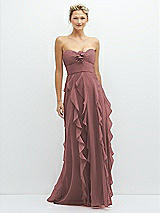 Front View Thumbnail - Rosewood Strapless Vertical Ruffle Chiffon Maxi Dress with Flower Detail