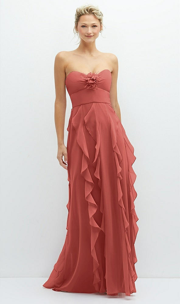 Front View - Coral Pink Strapless Vertical Ruffle Chiffon Maxi Dress with Flower Detail
