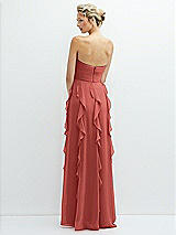 Rear View Thumbnail - Coral Pink Strapless Vertical Ruffle Chiffon Maxi Dress with Flower Detail