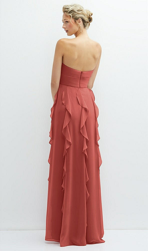 Back View - Coral Pink Strapless Vertical Ruffle Chiffon Maxi Dress with Flower Detail