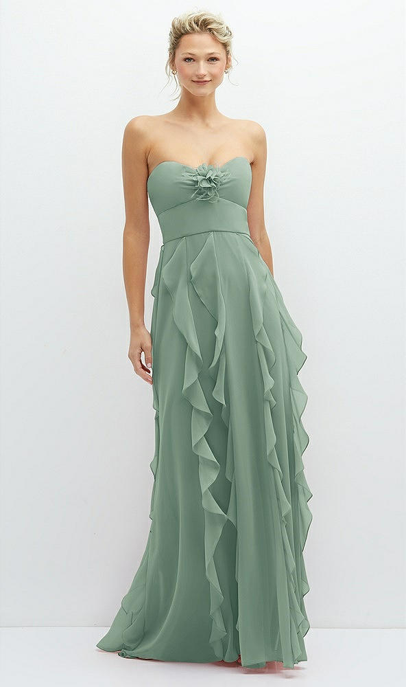 Front View - Seagrass Strapless Vertical Ruffle Chiffon Maxi Dress with Flower Detail