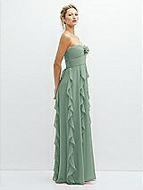 Side View Thumbnail - Seagrass Strapless Vertical Ruffle Chiffon Maxi Dress with Flower Detail