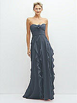 Front View Thumbnail - Silverstone Strapless Vertical Ruffle Chiffon Maxi Dress with Flower Detail