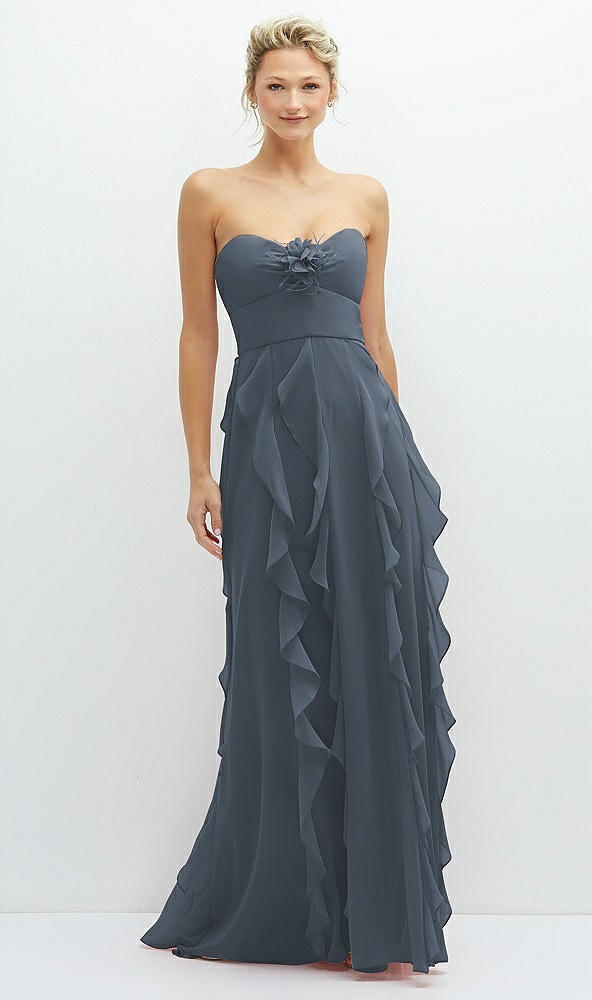 Front View - Silverstone Strapless Vertical Ruffle Chiffon Maxi Dress with Flower Detail