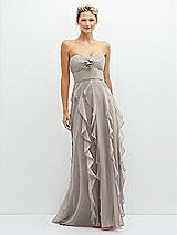 Front View Thumbnail - Taupe Strapless Vertical Ruffle Chiffon Maxi Dress with Flower Detail